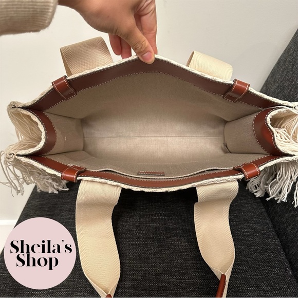 NWT Chloé Medium Woody Woven Fringe Tote Bag White & Brown - Picture 7 of 10